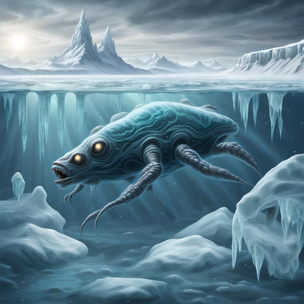 Criatura nadando bajo el hielo