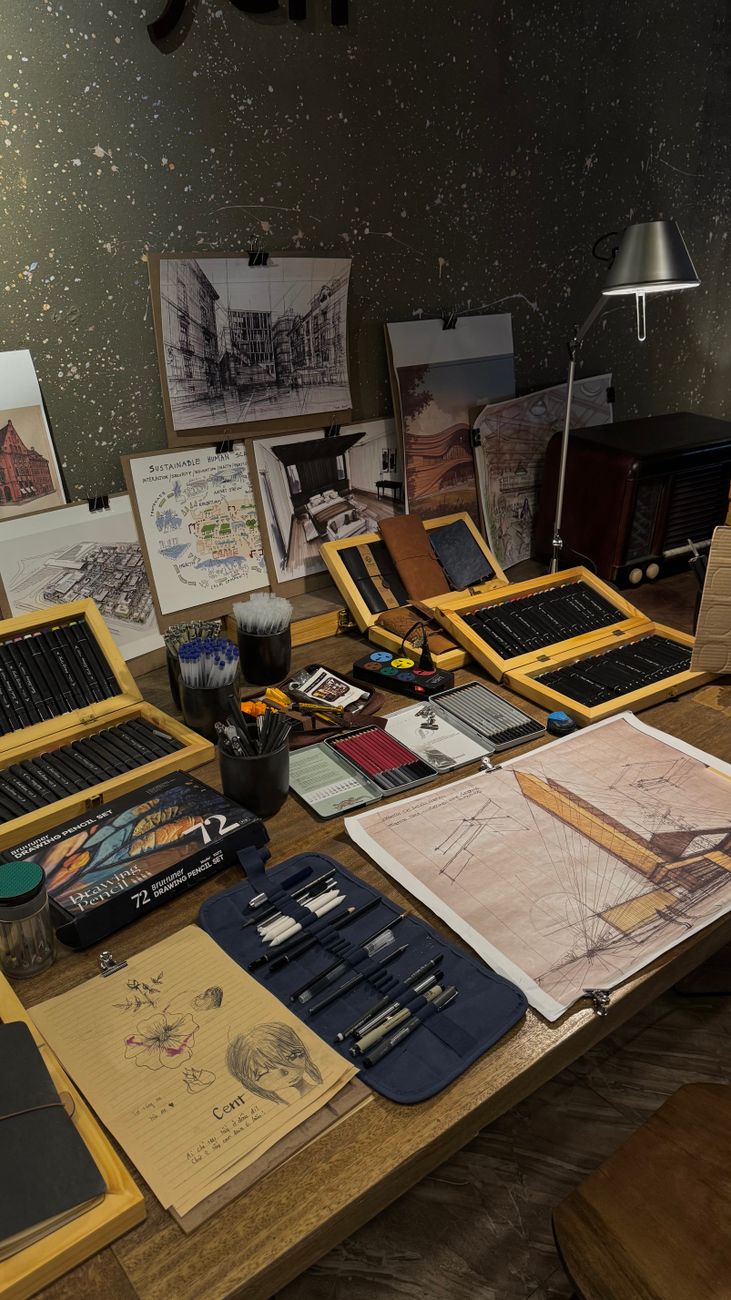 creative workspace with art supplies and sketches
